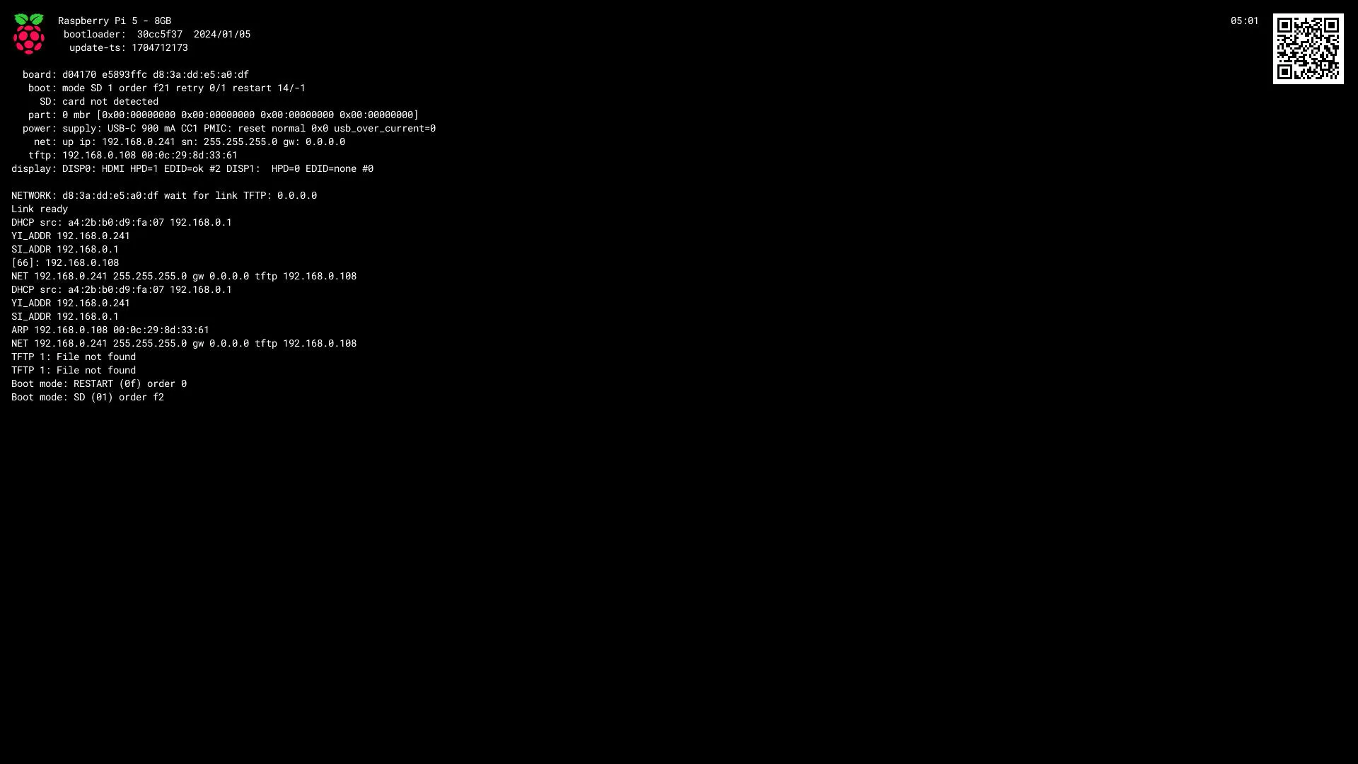 Capture of a Raspberry Pi bootloader attempting to read files from TFTP