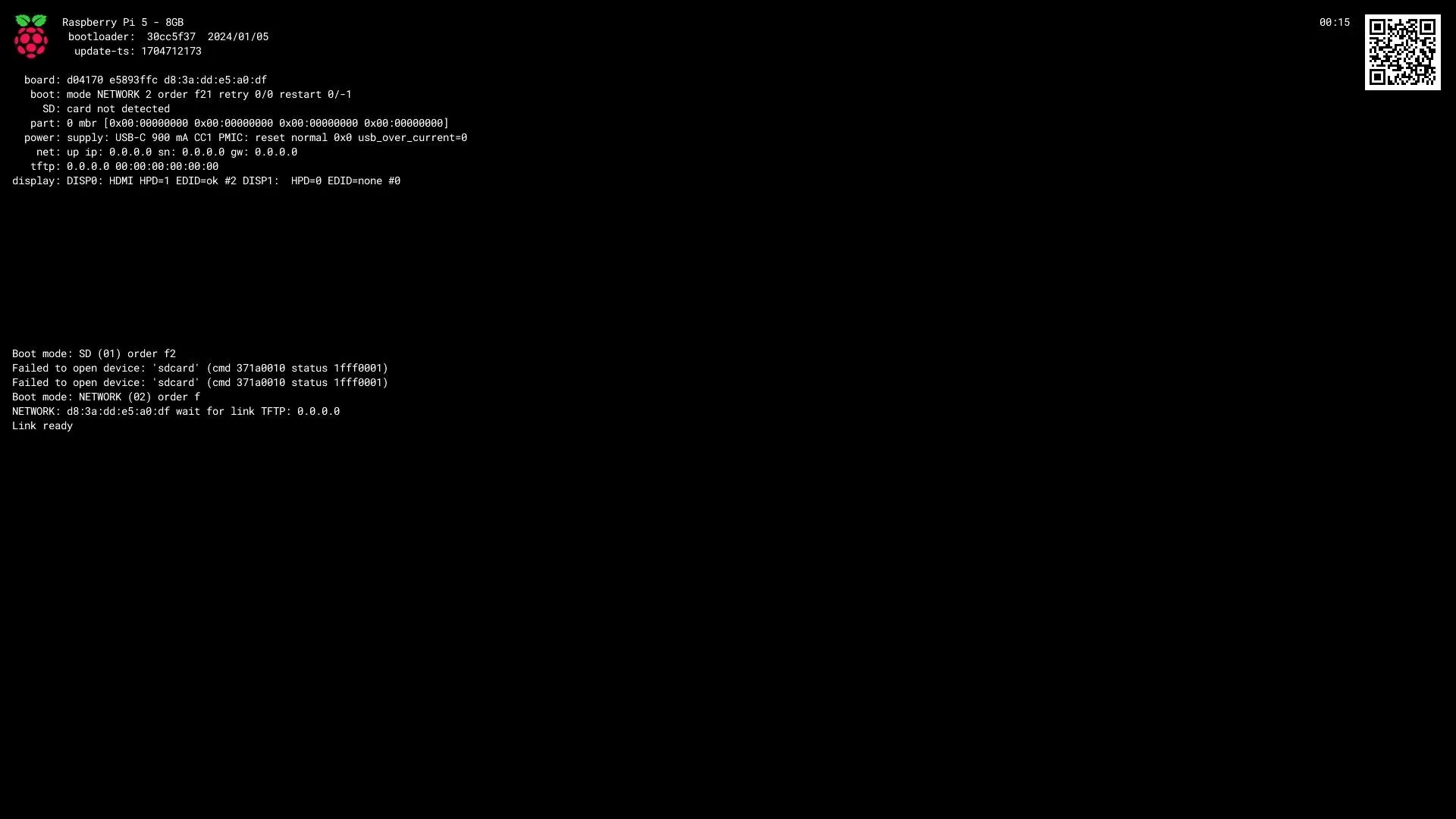 capture of Pi bootloader with netboot enabled, pre-networking