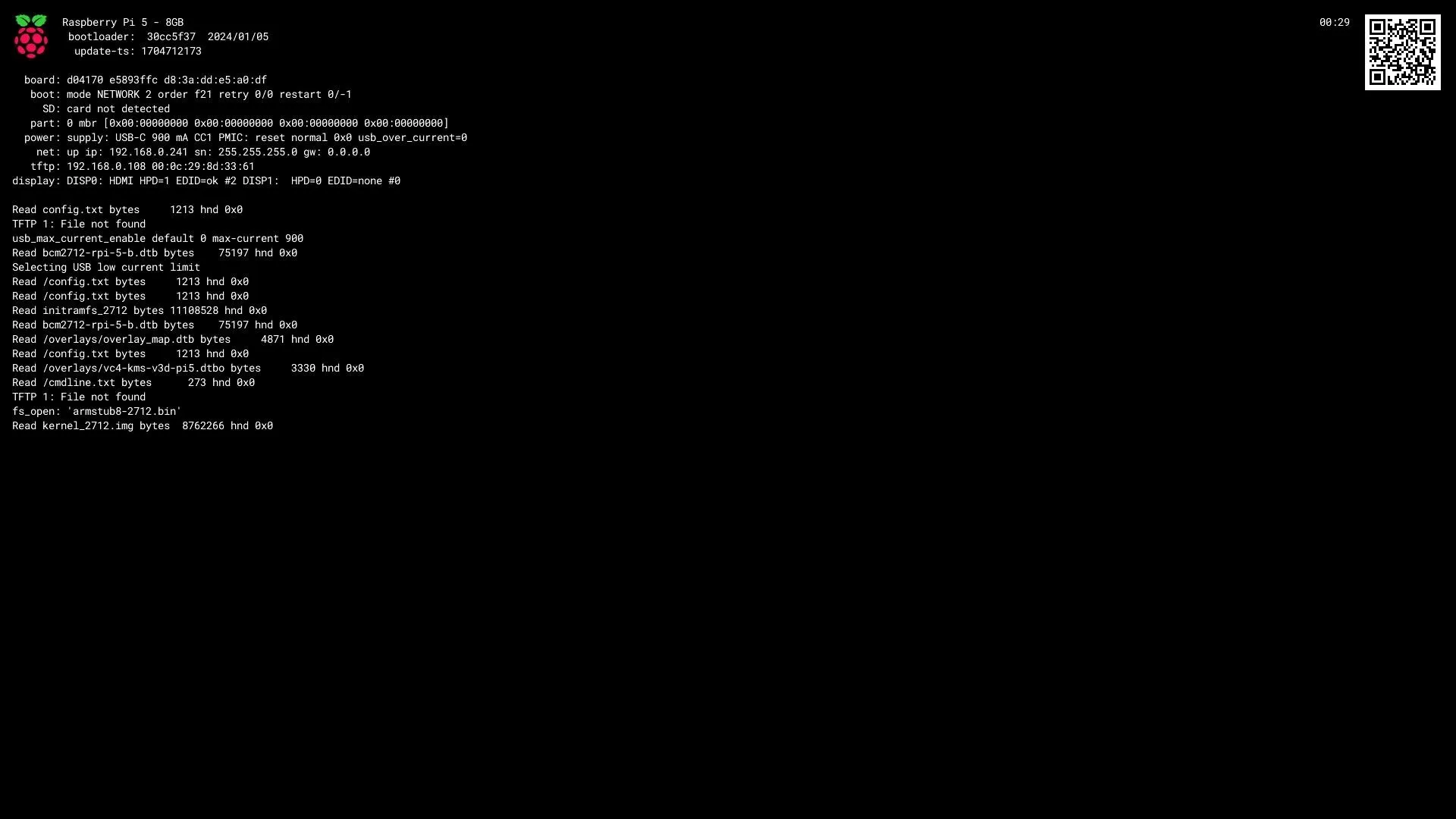 capture of Pi bootloader with netboot enabled, requesting files from TFTP server
